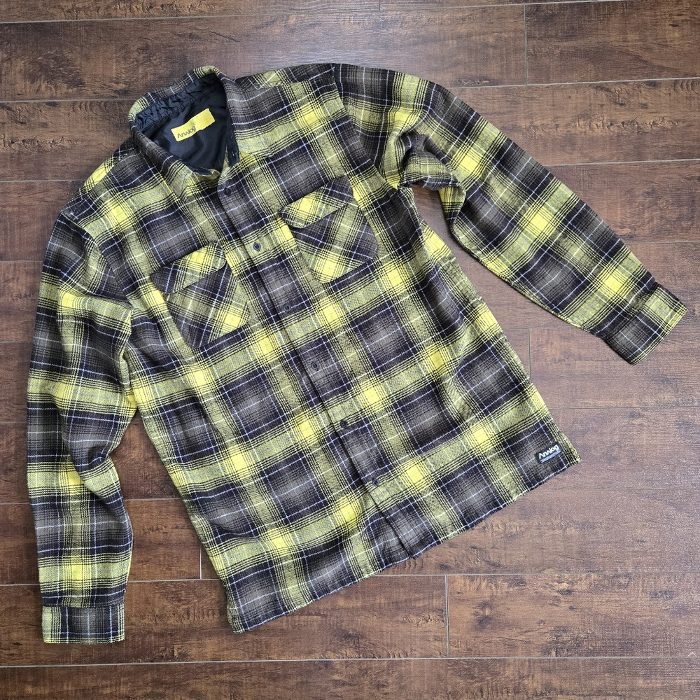 Analog Flannel Protect Peace Plaid Black Yellow Shirt Size Large